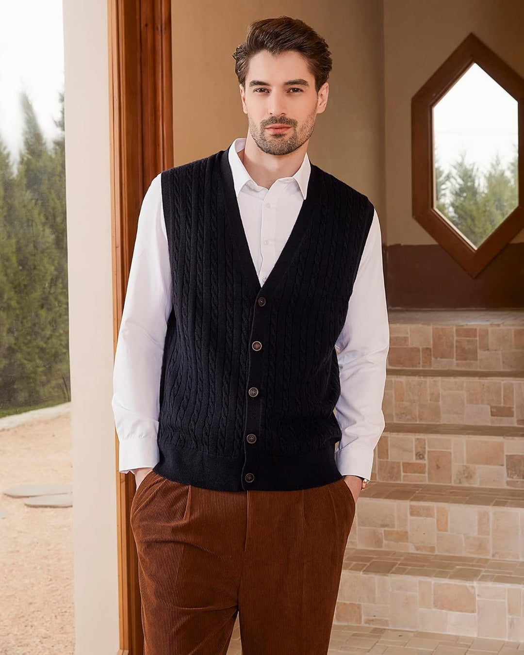 Kallspin Herren Strickweste Ärmellos Cardigan Wollmischung mit Zopfmuster und Knöpfen S Schwarz, S S