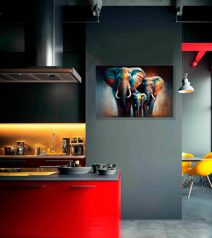 Artley Prints - Elefantenfamilie in der Wildnis, bunte Leinwand-Wandkunst für Wohnzimmer, gerahmt, a