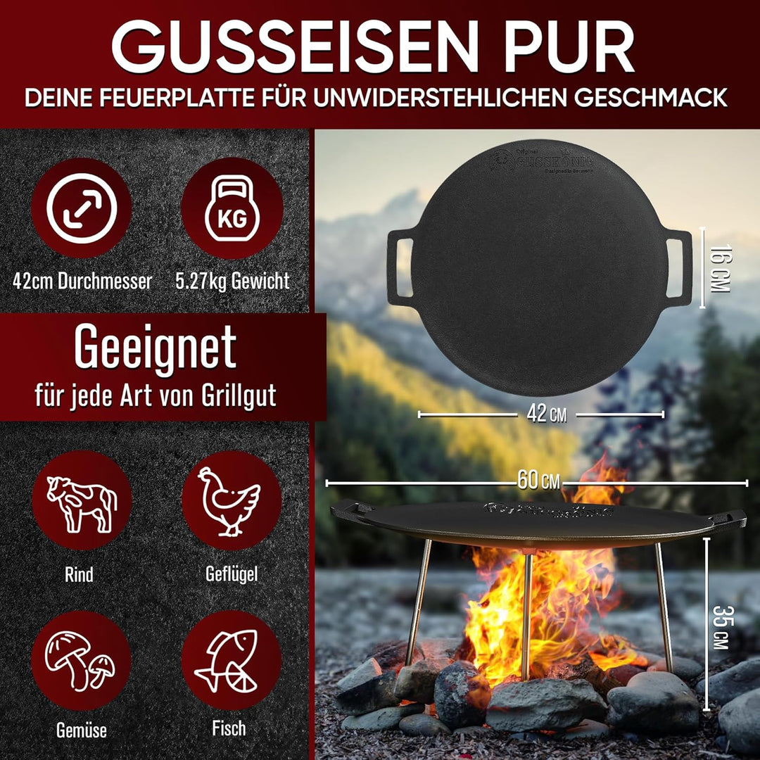 GUSSKÖNIG Gusseisen Grillplatte (Ø 42 cm) mit 3 Edelstahl Beinen - Dutch Oven Grillplatte Gusseisen
