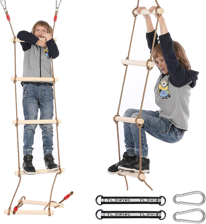 Kletterleiter Strickleiter Kinder Holz, Multifunktions Trapeze Schaukel, Holzschaukel mit 6 Sprossen