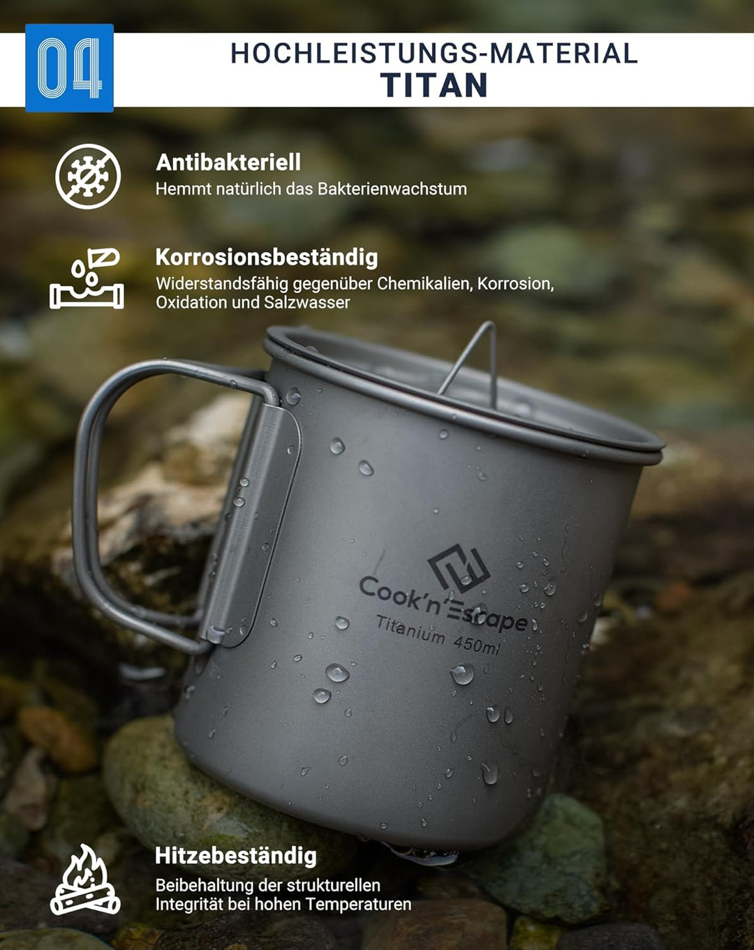COOK'N'ESCAPE Titan Camping Tasse mit Deckel Titanium Topf Becher mit faltbarem Griff 450ml Leicht u