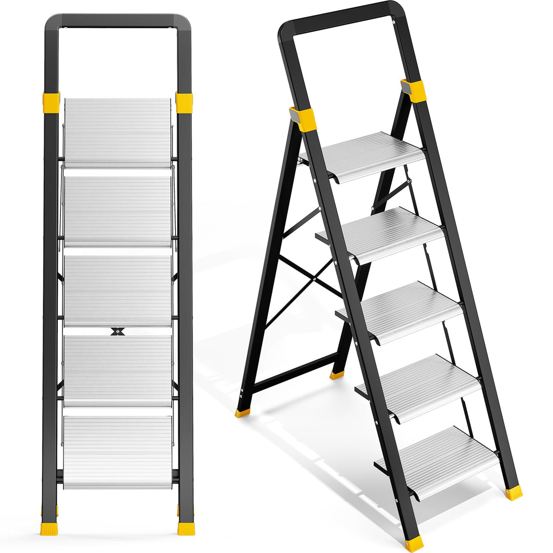 KINGRACK Trittleiter 5 Stufen Klappbar Aluminium, Klappleiter mit Handlauf, Haushaltsleiter Anti-Rut