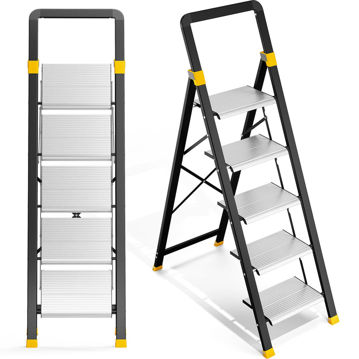 KINGRACK Trittleiter 5 Stufen Klappbar Aluminium, Klappleiter mit Handlauf, Haushaltsleiter Anti-Rut
