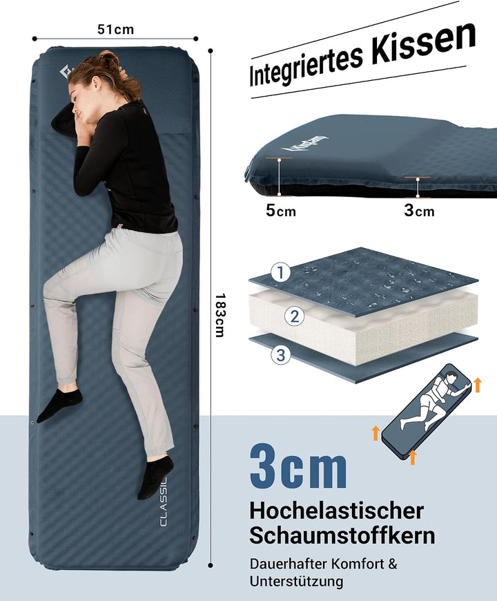 KingCamp Isomatte Camping,3cm Dick Schaumstoff Selbstaufblasend Camping Matratze mit Integrierten Ko