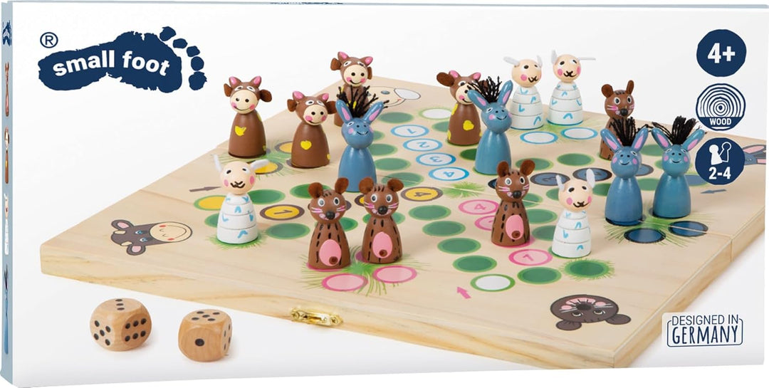 small foot Ludo Brettspiel "Farmtiere" aus Holz, Gesellschaftsspiel mit praktischem Klapp-Spielbrett