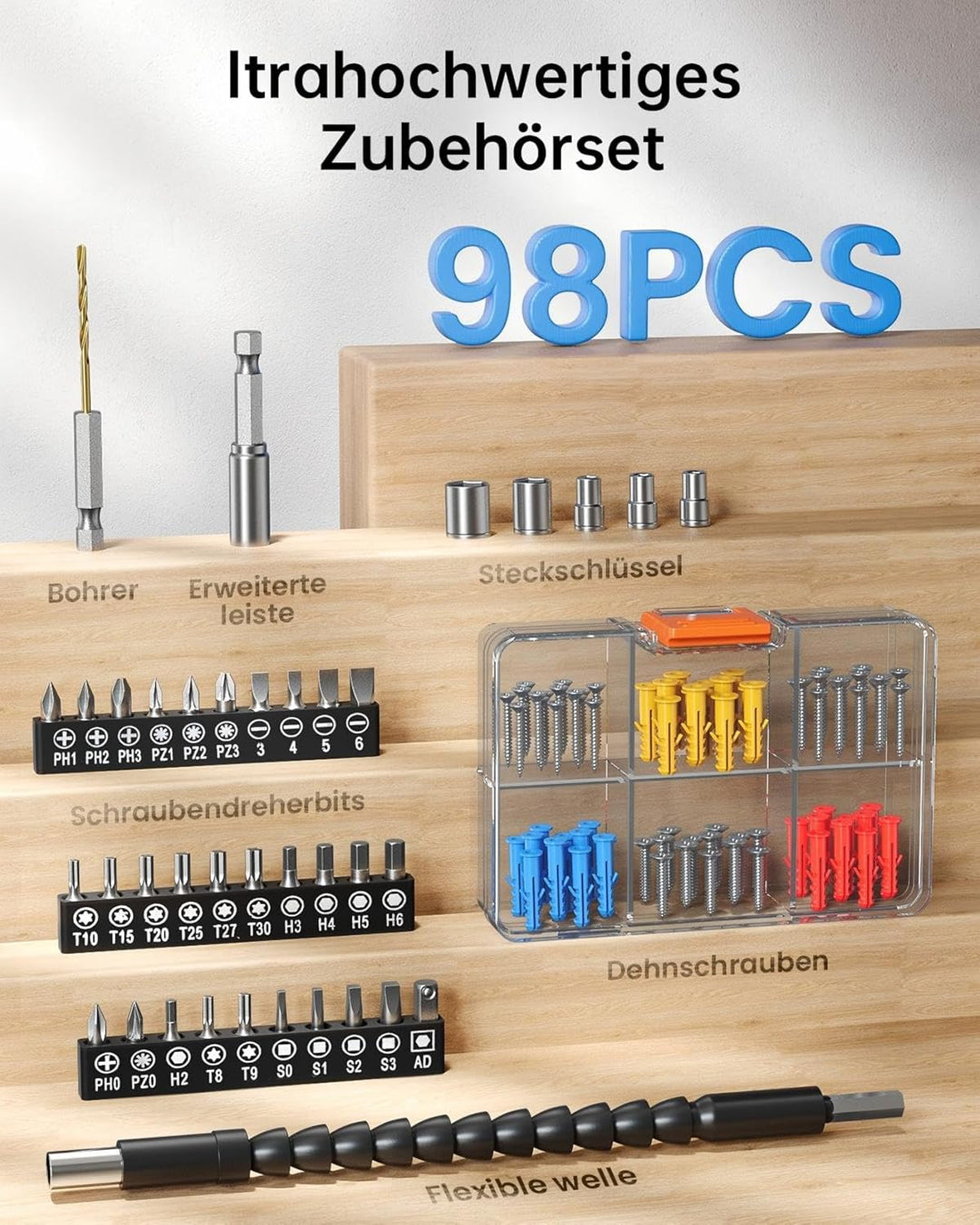 12V Akkuschrauber, Akkuschrauber Klein, 25+1 Drehmomenteinstellung Akkubohrer, 98tlg Zubehör, LED-Li