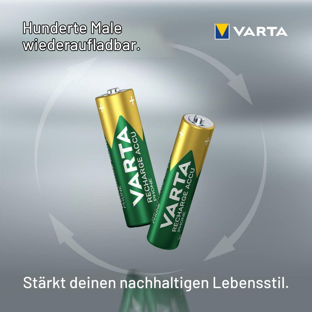 VARTA Batterien AAA, wiederaufladbar, 4 Stück, Recharge Accu Phone, Akku, 800 mAh NI-MH, sofort eins