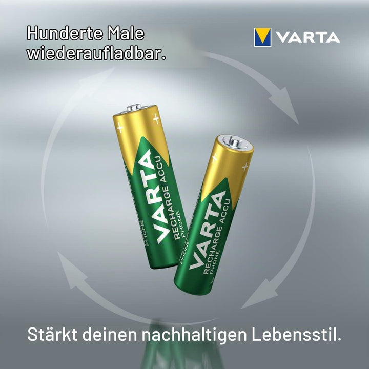 VARTA Batterien AAA, wiederaufladbar, 4 Stück, Recharge Accu Phone, Akku, 800 mAh NI-MH, sofort eins
