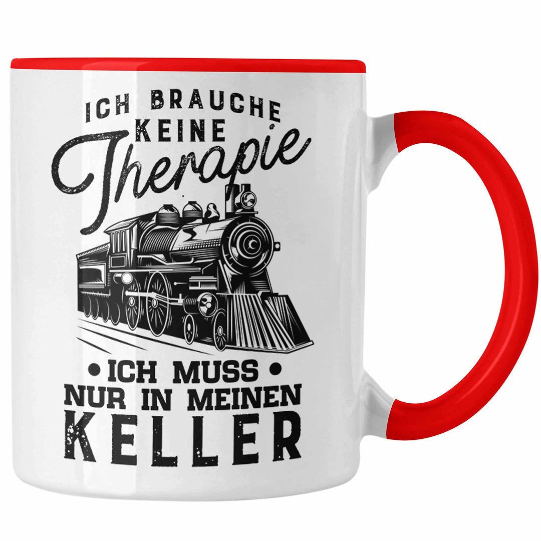 Trendation - Modelleisenbahn Tasse Geschenk für Eisenbahner Spruch Ich Muss In Meinen Keller (Rot),