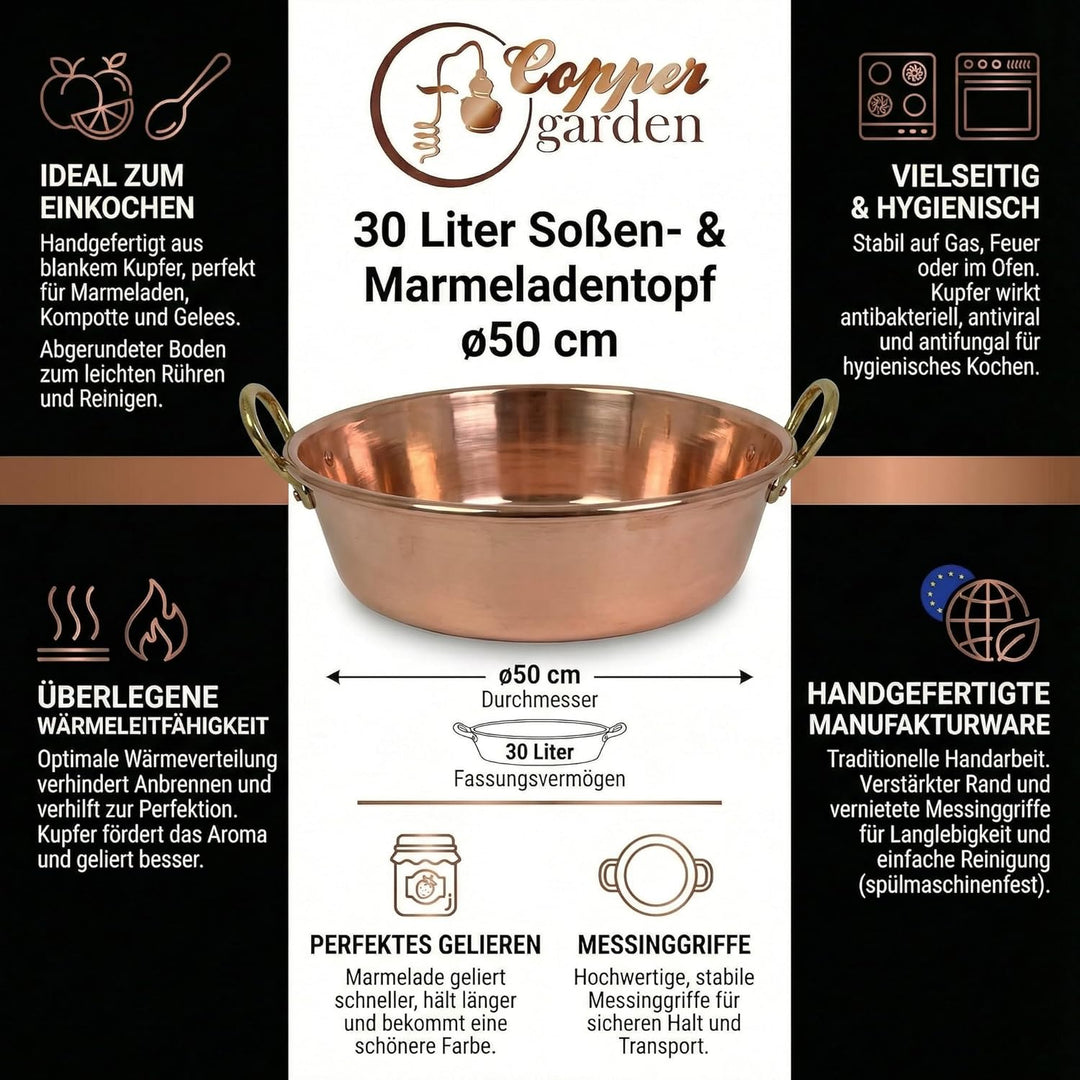 CopperGarden Sossen- & Marmeladentopf 30 Liter I Kochtopf aus Kupfer mit 50 cm Durchmesser I Grosser