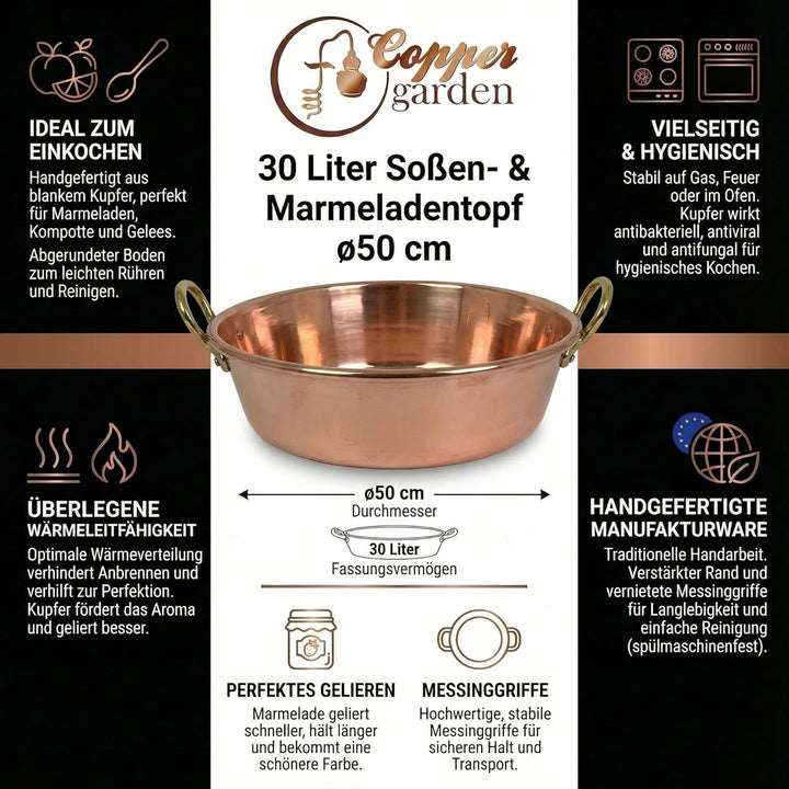CopperGarden Sossen- & Marmeladentopf 30 Liter I Kochtopf aus Kupfer mit 50 cm Durchmesser I Grosser