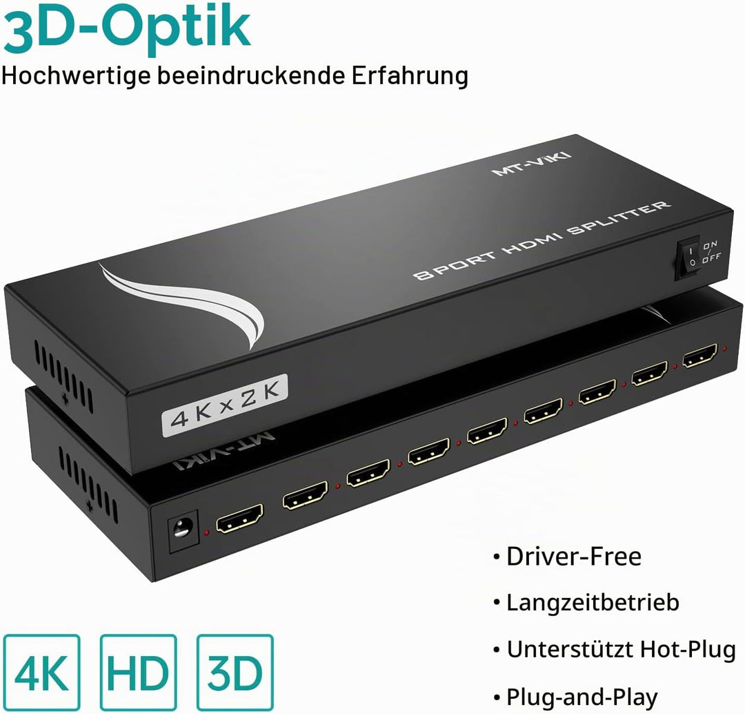 MT-VIKI 1x8 HDMI Splitter 1 in 8 Out Gleichzeitig HDMI Splitter 8 Monitore Mirror Unterstützt 4K HD