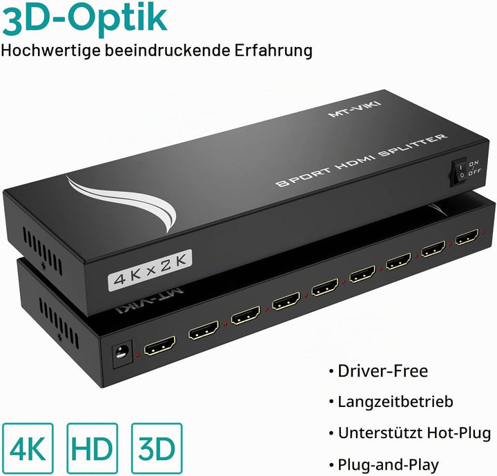 MT-VIKI 1x8 HDMI Splitter 1 in 8 Out Gleichzeitig HDMI Splitter 8 Monitore Mirror Unterstützt 4K HD