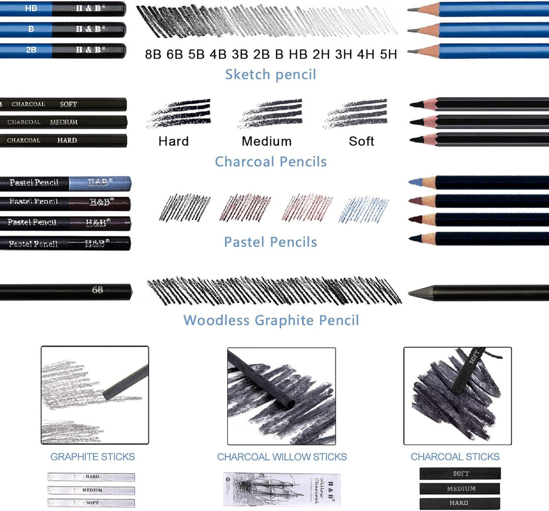 H & B 40 Stück Bleistifte Skizzierstifte Set Skizzieren und Zeichnen Professionelle Art Set mit Grap