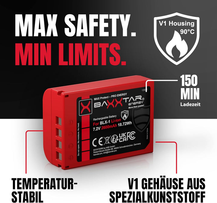 Baxxtar MaxProtect BLX-1 Akku (2400mAh) mit NTC-Sensor und V1 Gehäuse - für OM-1 1x BLX-1 MaxProtect