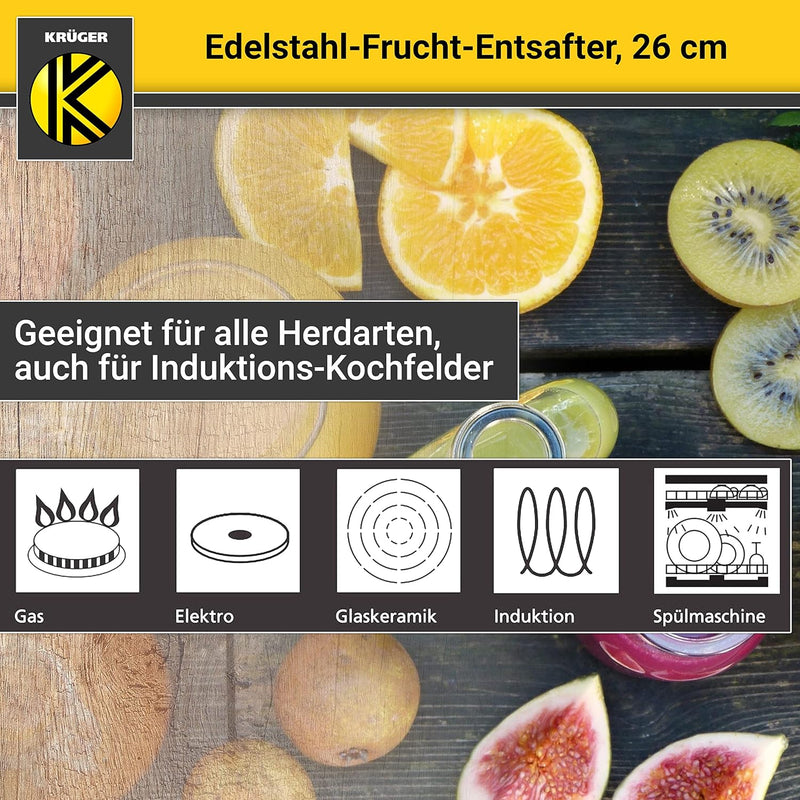 Krüger Edelstahl-Frucht-Entsafter 26cm - schonendes Entsaften von Obst und Gemüse - nach Dampfentsaf