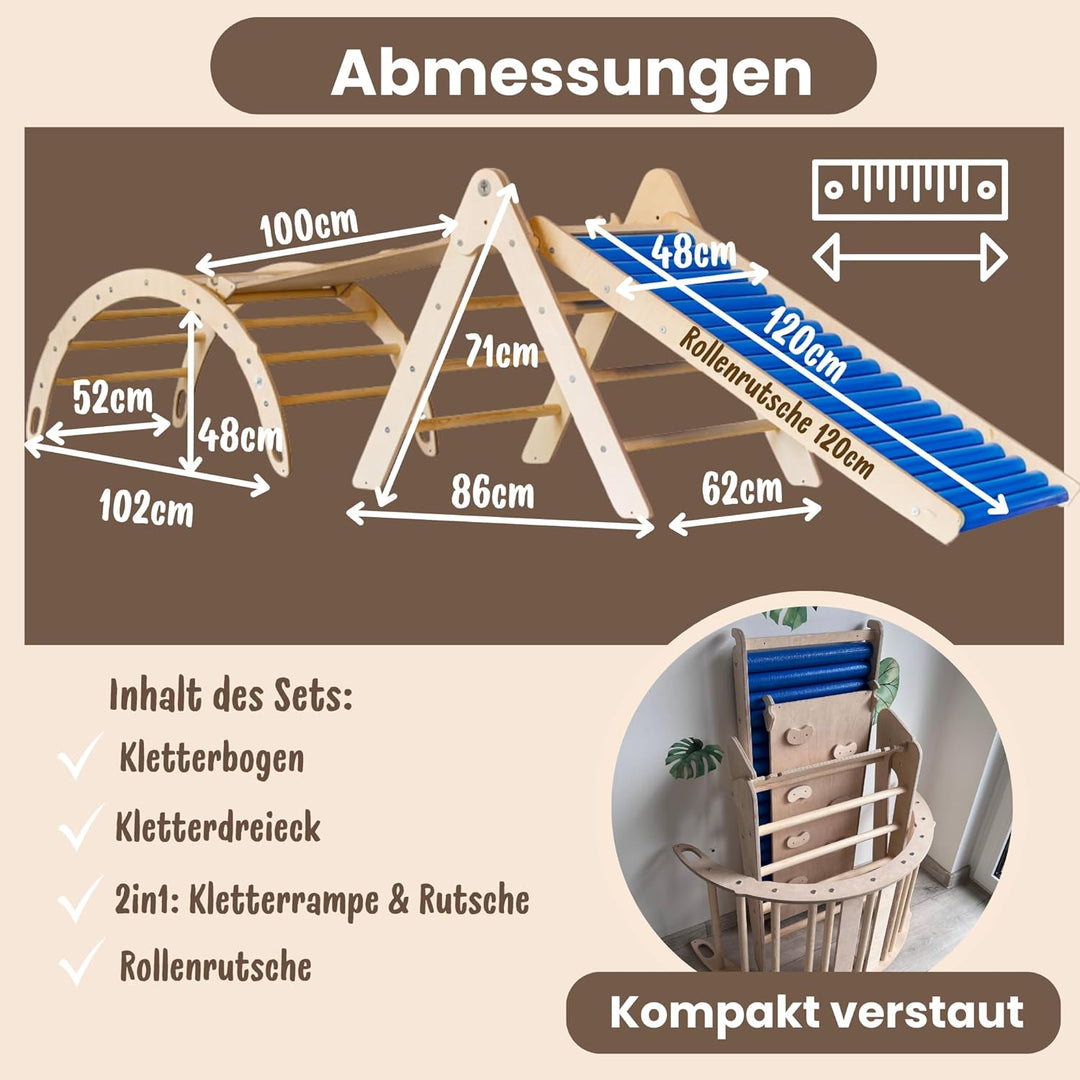 WoodsCraft 4in1 Set: Kletterdreieck mit Rutsche Indoor/Klettern Rampe, Rollenrutsche & Kletterbogen