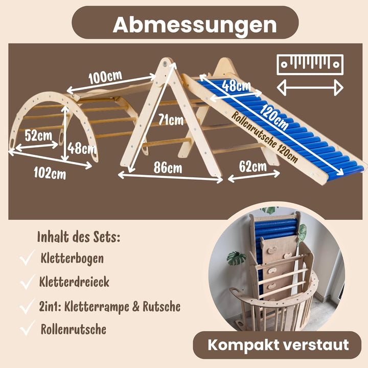 WoodsCraft 4in1 Set: Kletterdreieck mit Rutsche Indoor/Klettern Rampe, Rollenrutsche & Kletterbogen