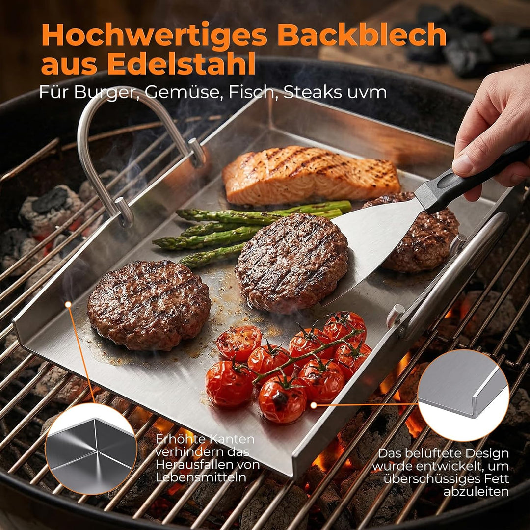 Plancha Grillplatte 40 x 30 cm, 4mm Edelstahl Platte hitzebeständig &amp; verformungsfrei, mit Grillspac
