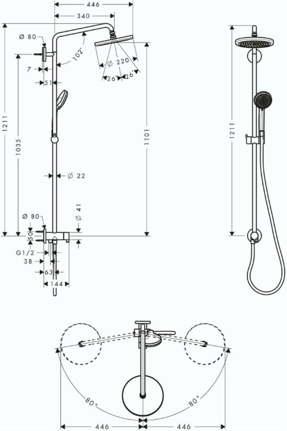 hansgrohe Croma 220 Air Duschsystem Reno (5 Strahlarten) Chrom, Kopfbrause 220 mm / 1 Strahlart
