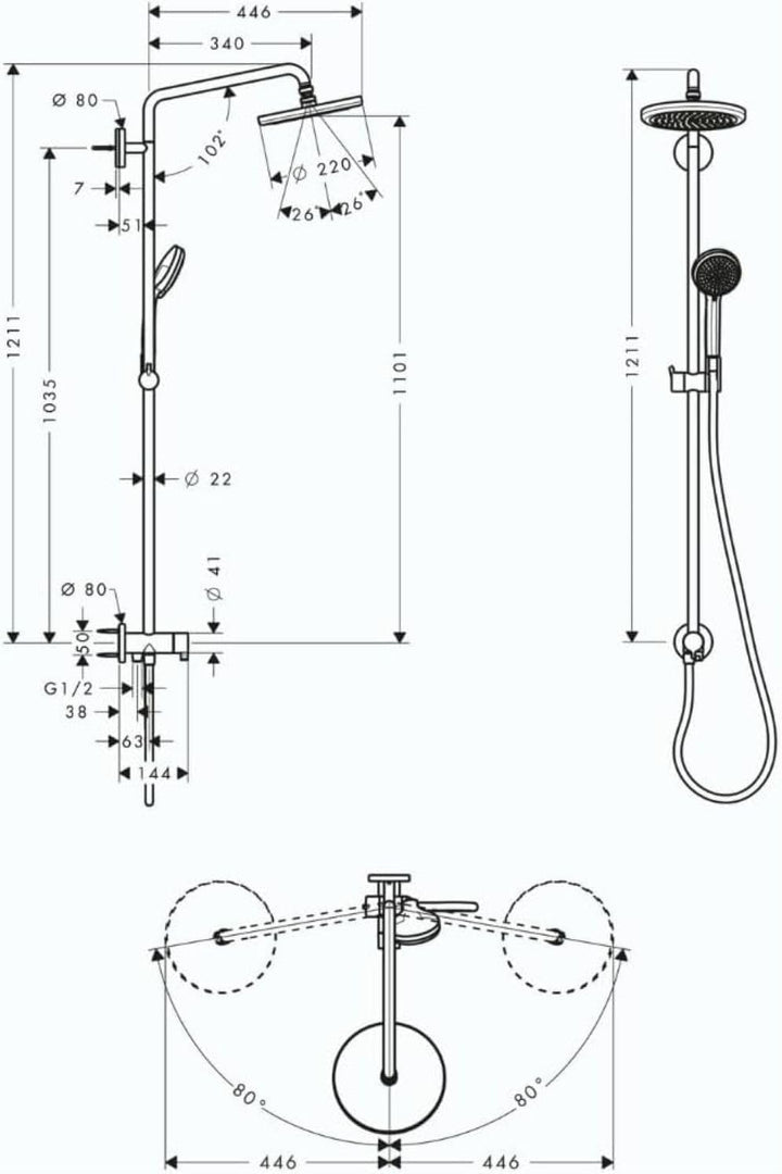 hansgrohe Croma 220 Air Duschsystem Reno (5 Strahlarten) Chrom, Kopfbrause 220 mm / 1 Strahlart