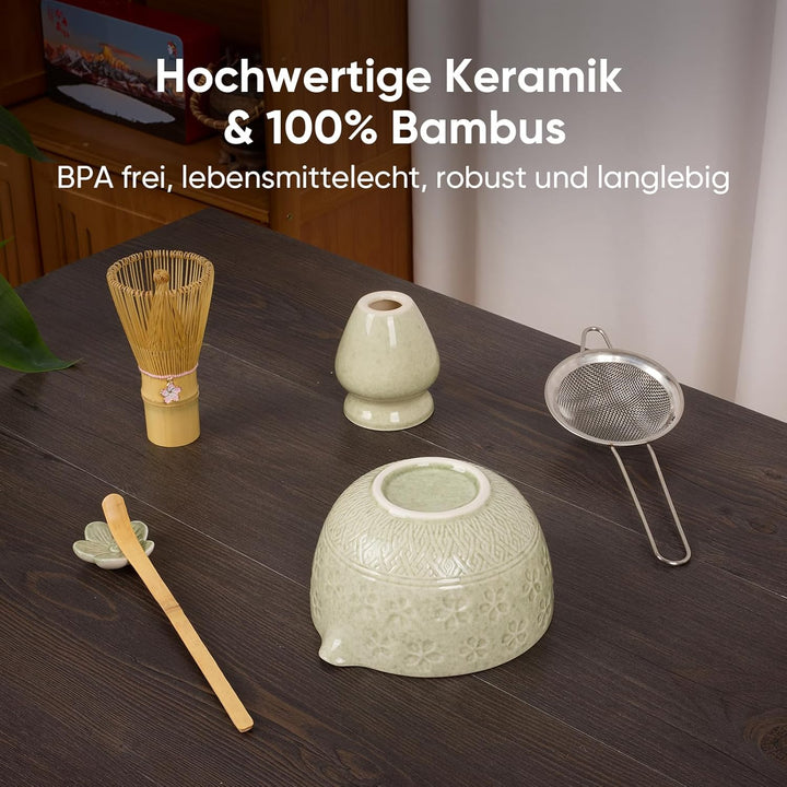 Matcha Set, einschliesslich einer Keramik Matcha Schale, Matchabesen und Halter, Sieve, Geschirrtuch