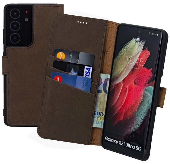 Suncase Book-Style Hülle kompatibel mit Samsung Galaxy S21 Ultra 5G Leder Tasche (Slim-Fit) Lederhül