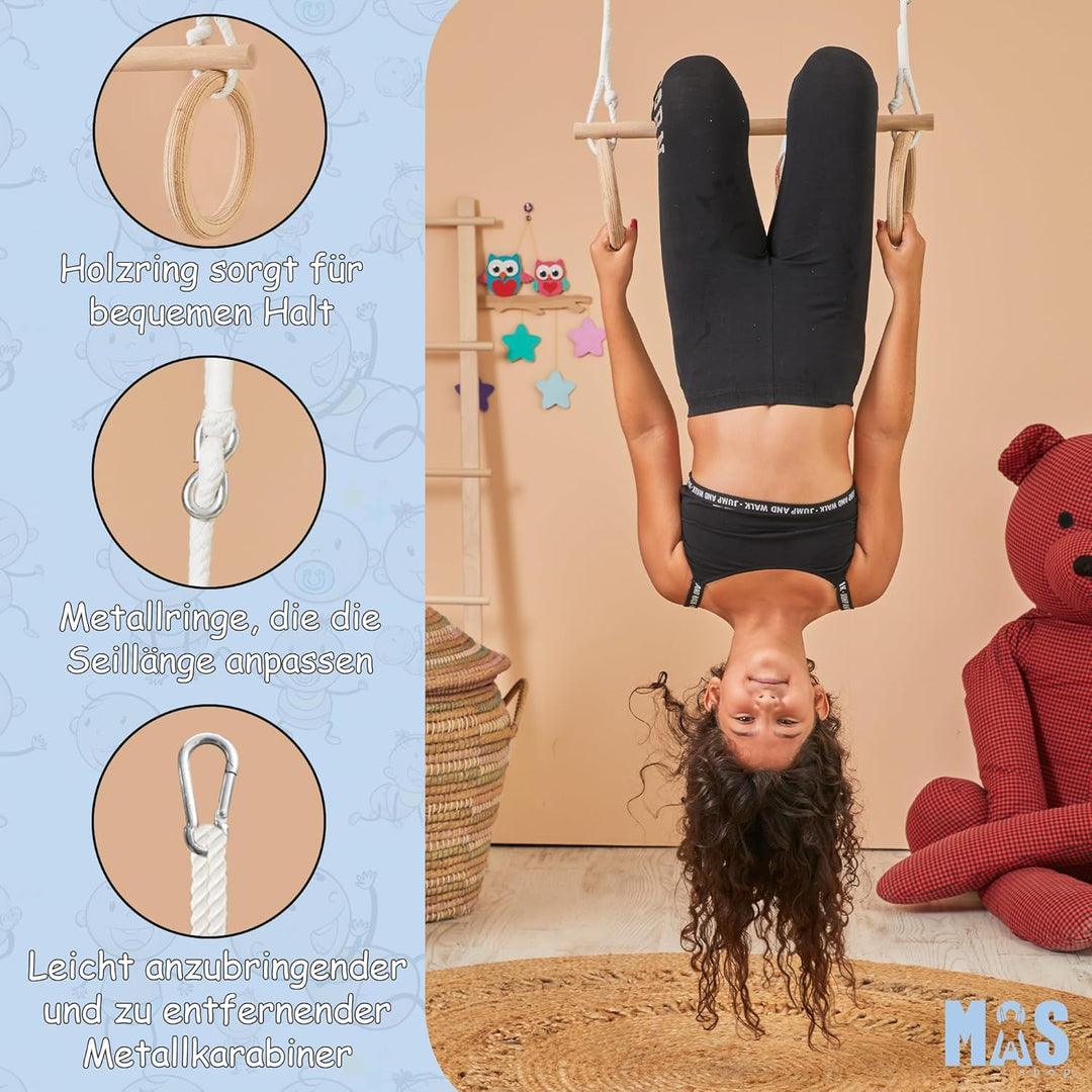 MOAS SHOP® Trapez Schaukel - Turnringe Kinder, Buchenholz, Verstellbare Seillänge, 50 kg Kapazität -