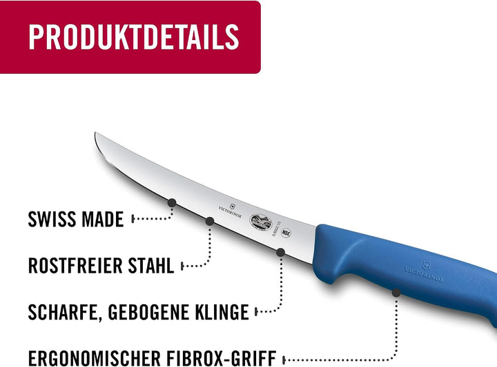 Victorinox Fibrox Ausbeinmesser, Scharfes Küchenmesser für Fleisch und Geflügel, 15 cm, Gebogene Kli