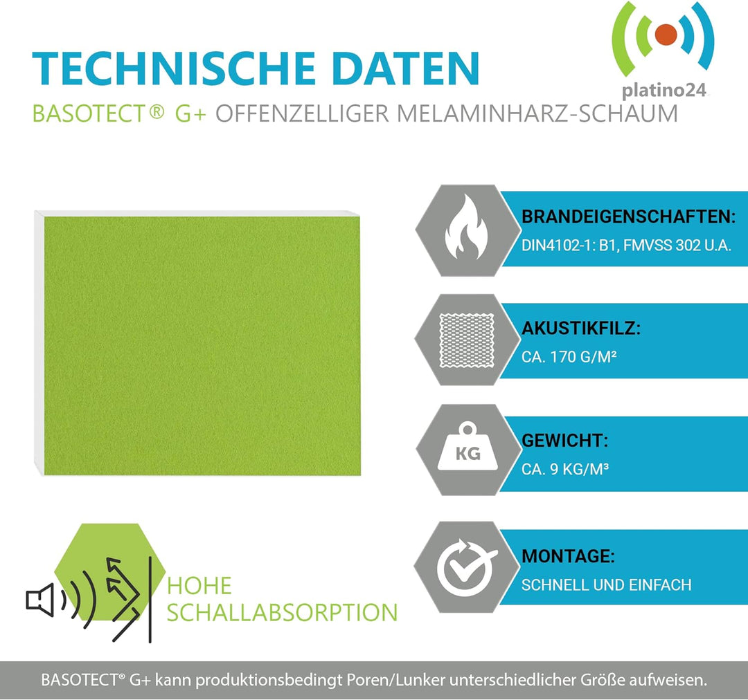 platino24 Schallabsorber Set aus Basotect G+ mit Akustikfilz, 4 Absorberelemente Rechteck je 825x550