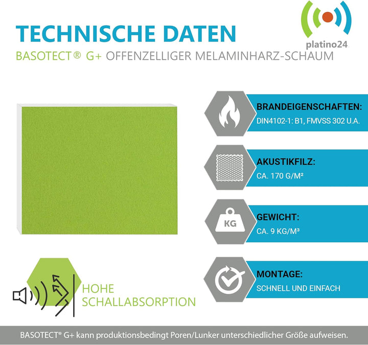 platino24 Schallabsorber Set aus Basotect G+ mit Akustikfilz, 4 Absorberelemente Rechteck je 825x550