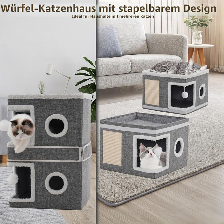 Katzenhaus Indoor, Katzenhöhle für Mehrere Katzen, Faltbarer Katzenhaus mit Kratzbrett, Spielball, D
