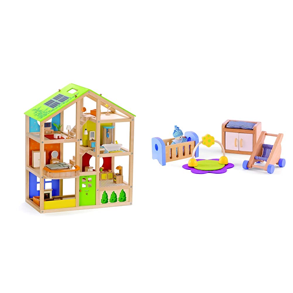 Hape E3401 - Vier-Jahreszeiten Haus (möbliert), Puppenhaus mit Zubehör, aus Holz & E3459 - Babyzimme