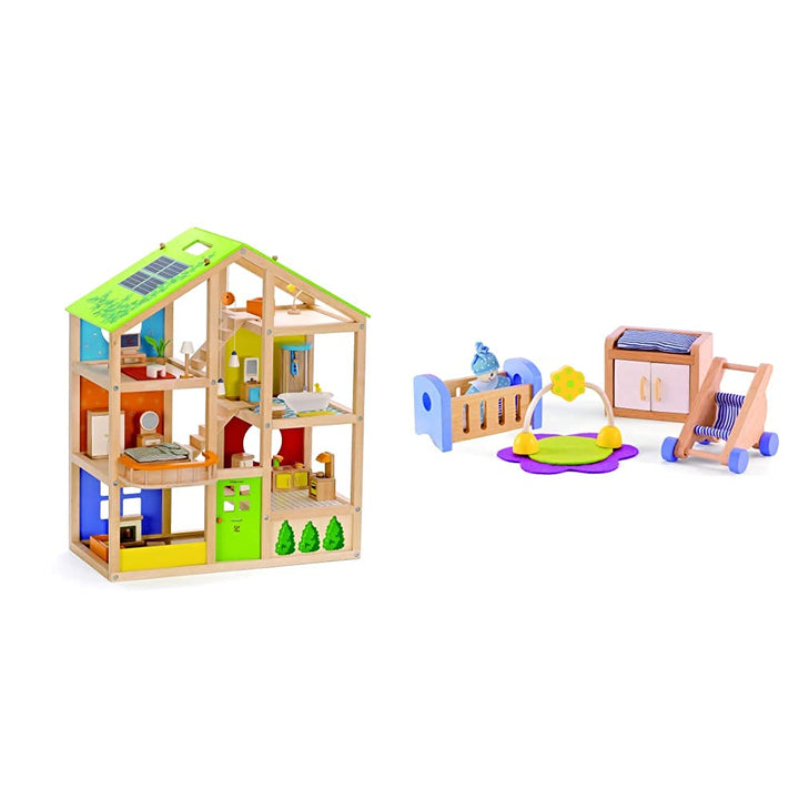 Hape E3401 - Vier-Jahreszeiten Haus (möbliert), Puppenhaus mit Zubehör, aus Holz & E3459 - Babyzimme