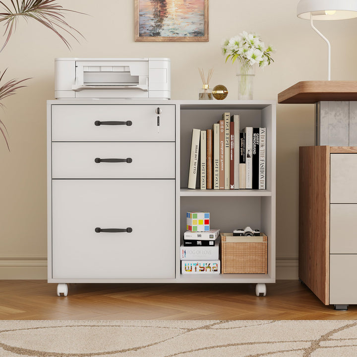 OC Orange-Casual Aktenschrank mit 3 Schubladen und 2 offenen Ablagen, Mobiler Druckertisch mit Rolle