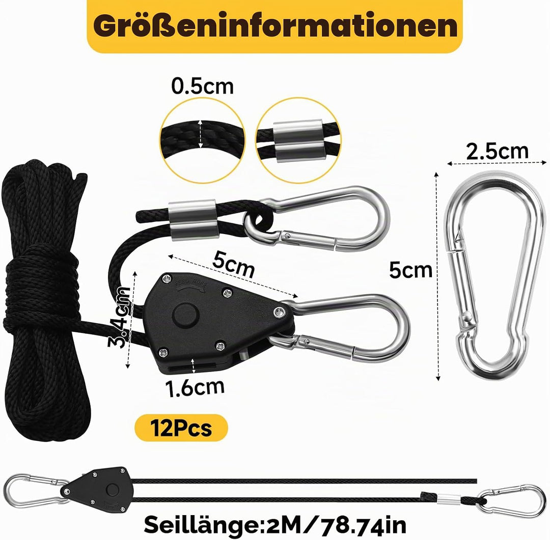 Votoko Seilratsche mit Haken, 12 Stück Winddichtes Outdoor Seil mit Ratsche mit 150 lbs Tragkraft, 1