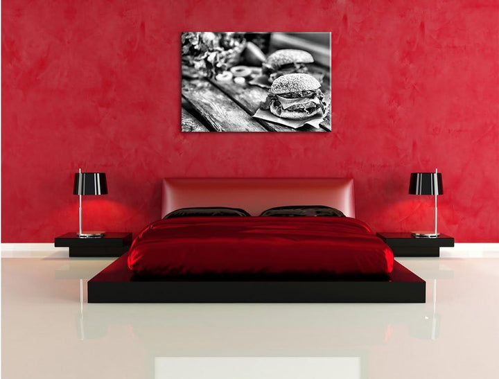 Monocrome, Leckere Burger, Format: 100x70 auf Leinwand, XXL riesige Bilder fertig gerahmt mit Keilra