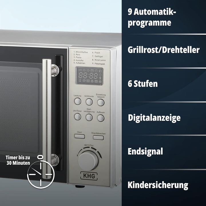 KHG Mikrowelle MW-20.1GS mit Grill 20L aus Metall in silber, 9 Automatikprogramme, 1.200 Watt, inkl.