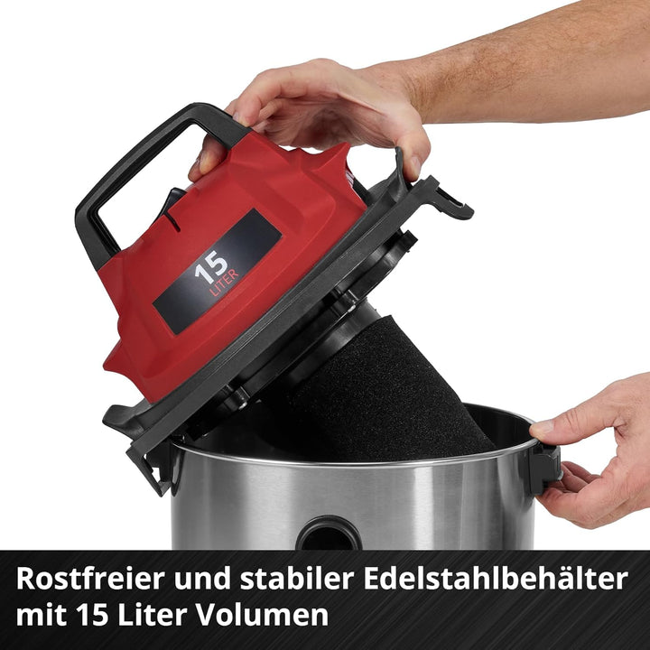 Einhell Nass-Trockensauger TC-VC 1540 S (900 W, 180 mbar Saugleistung, 15 L Edelstahlbehälter, Rolle