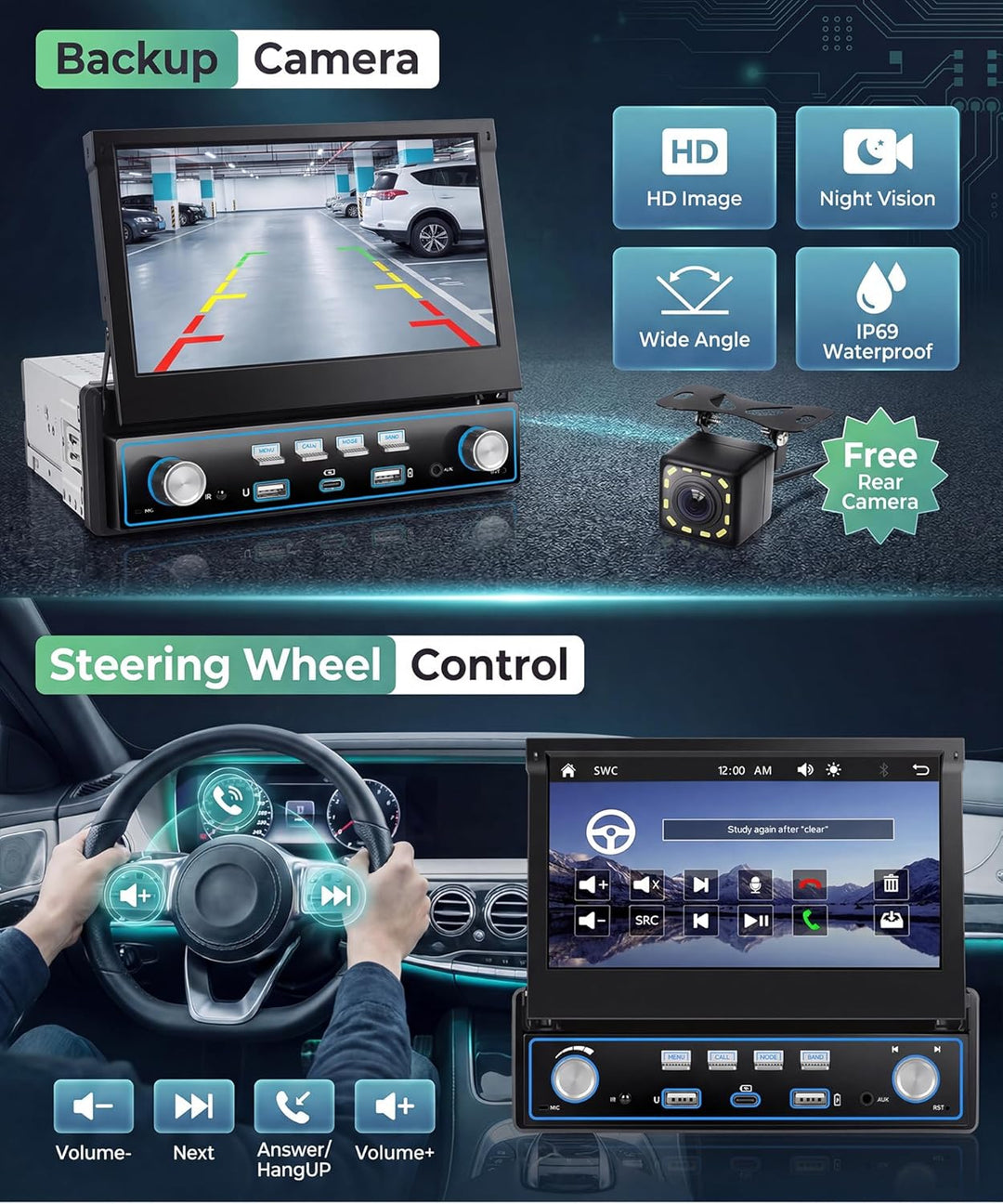 VECHTEL Autoradio 1 Din Carplay Android Auto Wireless mit 7 Zoll Manuell ausziehbarer Bildschirm mit