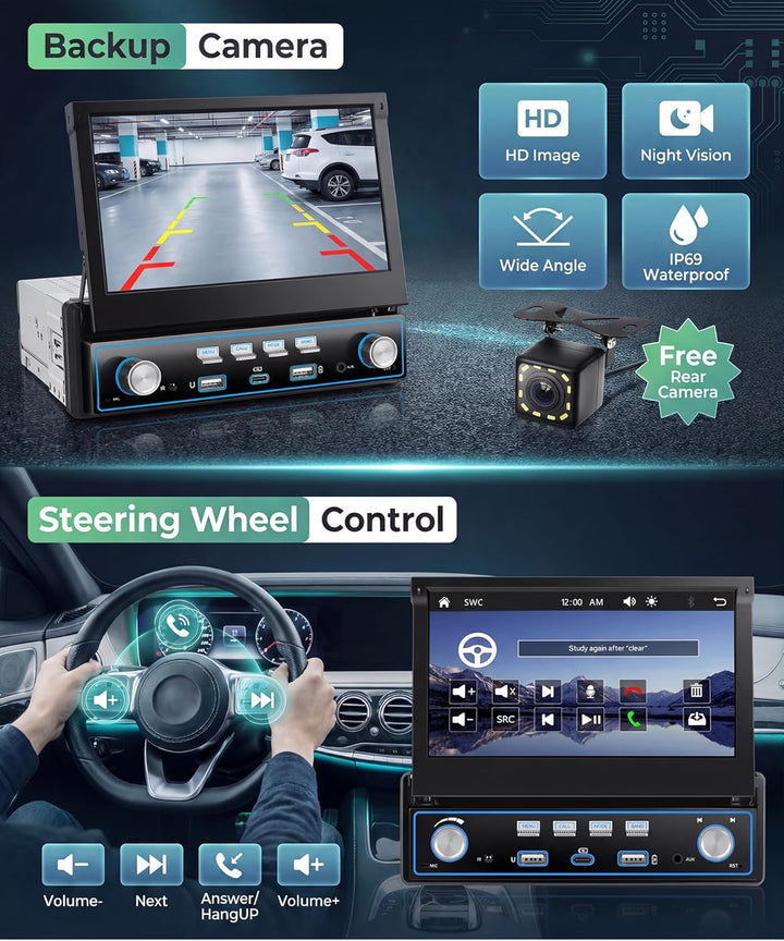 VECHTEL Autoradio 1 Din Carplay Android Auto Wireless mit 7 Zoll Manuell ausziehbarer Bildschirm mit