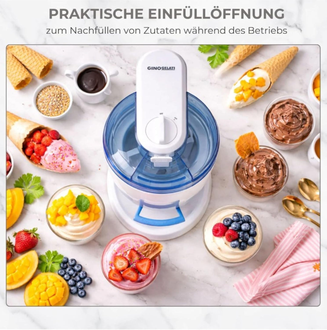 Gino Gelati Softeismaschine Creamy für Zuhause | frisches Softeis selbst machen | 15W | Weiss/Blau |