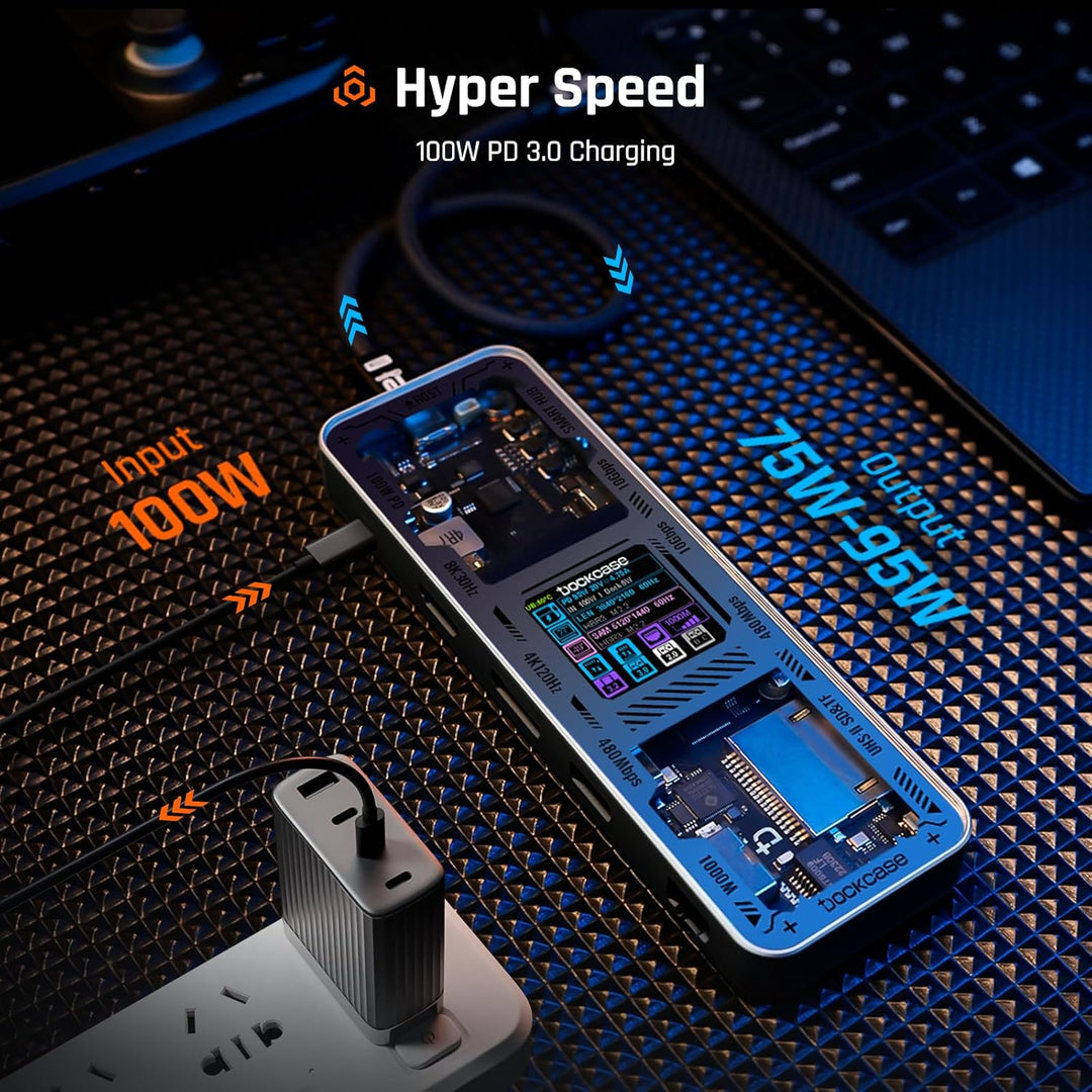 DOCKCASE Explorer Edition USB C Hub, 10-in-1 Dockingstation, Dual Monitor 4K@60Hz (HDMI & DP), 100W