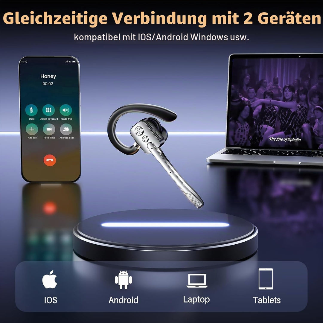 Bluetooth Headset mit Mikrofon, V5.3 Wireless Freisprech Headset Bluetooth mit Dual Mic &amp; Mute Funkt