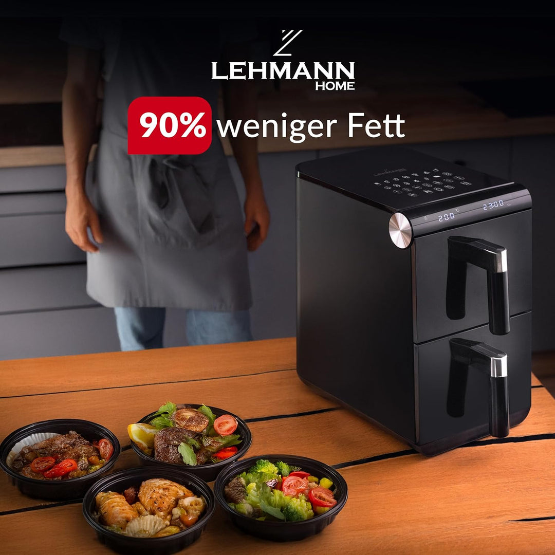 LEHMANN XXL Heissluftfritteuse 2 Kammern 11L, Airfryer Doppelkammer mit 2 vertikale Schubladen, 13 P