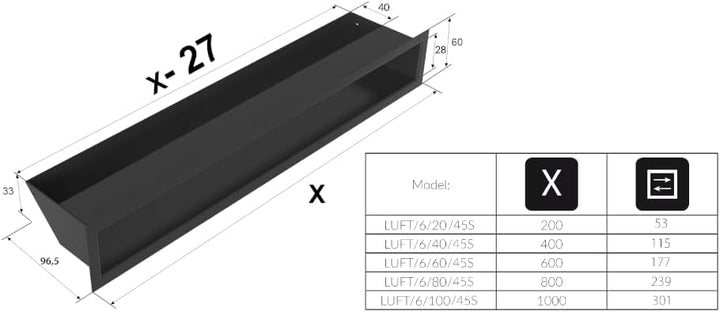 Kratki Lüftungsgitter 45S | 60x800x96,5 mm | weiss