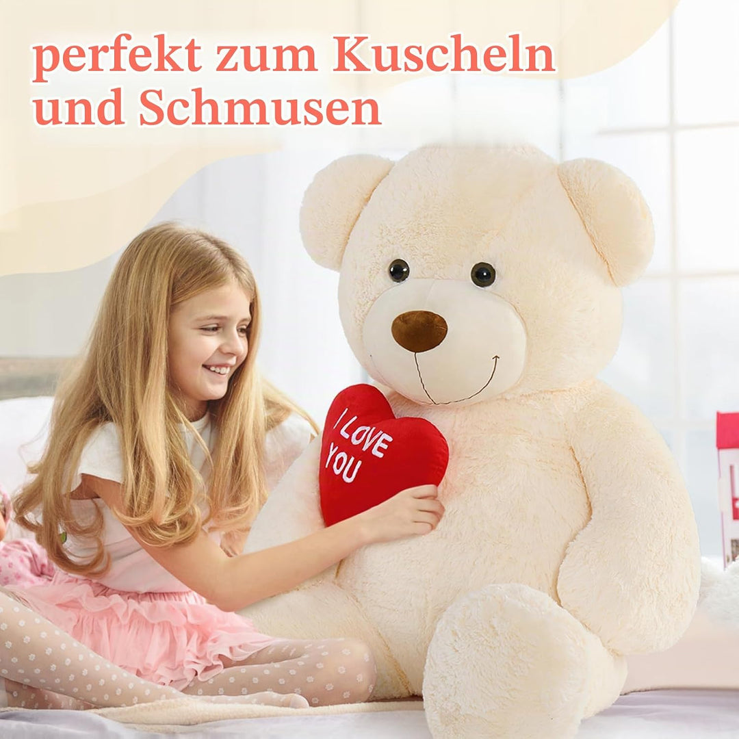 MorisMos 150cm riesen Teddy mit Herz, Beige gross teddybär XXL, kuschelig Plüschbär XXXL, Valentinst