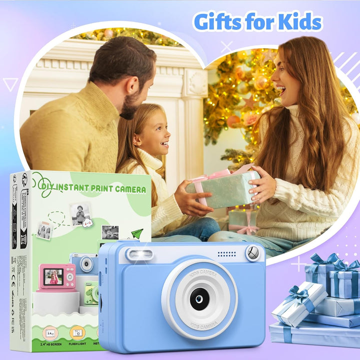 Sofortbildkamera Kinder, 2.4 Zoll Bildschirm Kinderkamera Sofortbildkamera mit 32GB Karte & 5 Rollen
