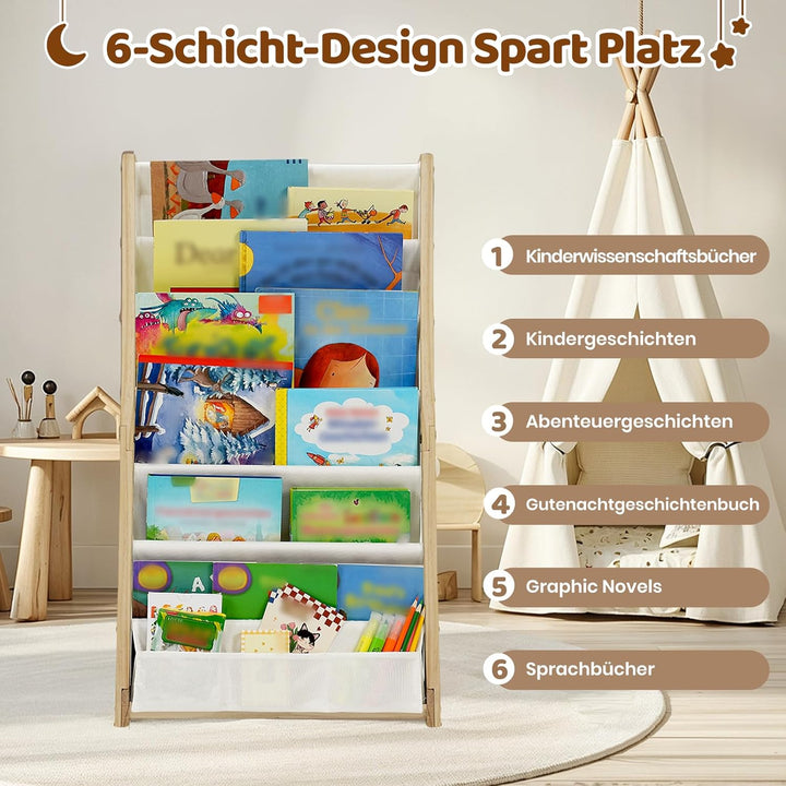 COSYLAND Montessori Bücherregal Kinder Holz - 45cm Montessori Regal mit 6 Oxford-Stoff Fächern - Kin