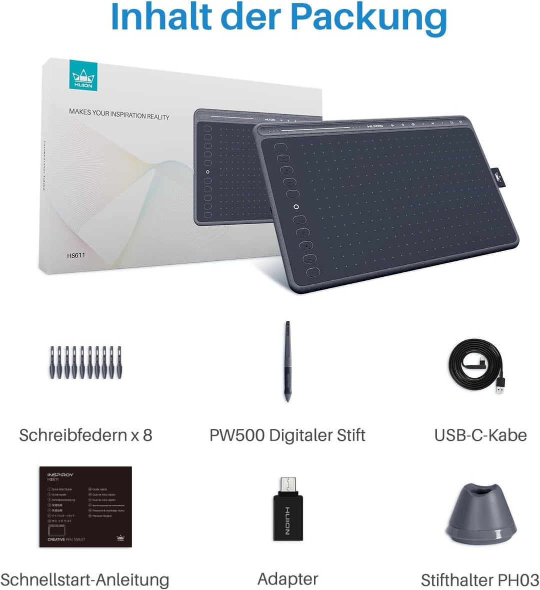 HUION 2020 New HS611 (Space Grey), professionelle Zeichentabletts, batterieloser PW500-Digitalstift,